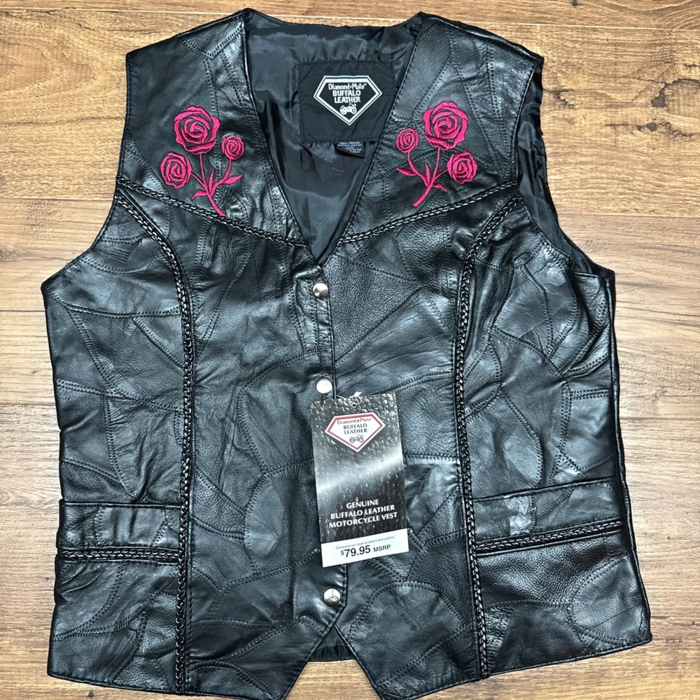 NEW‎ Diamond Plate Buffalo Leather Womens Large Biker Vest Roses Moto Patchwork